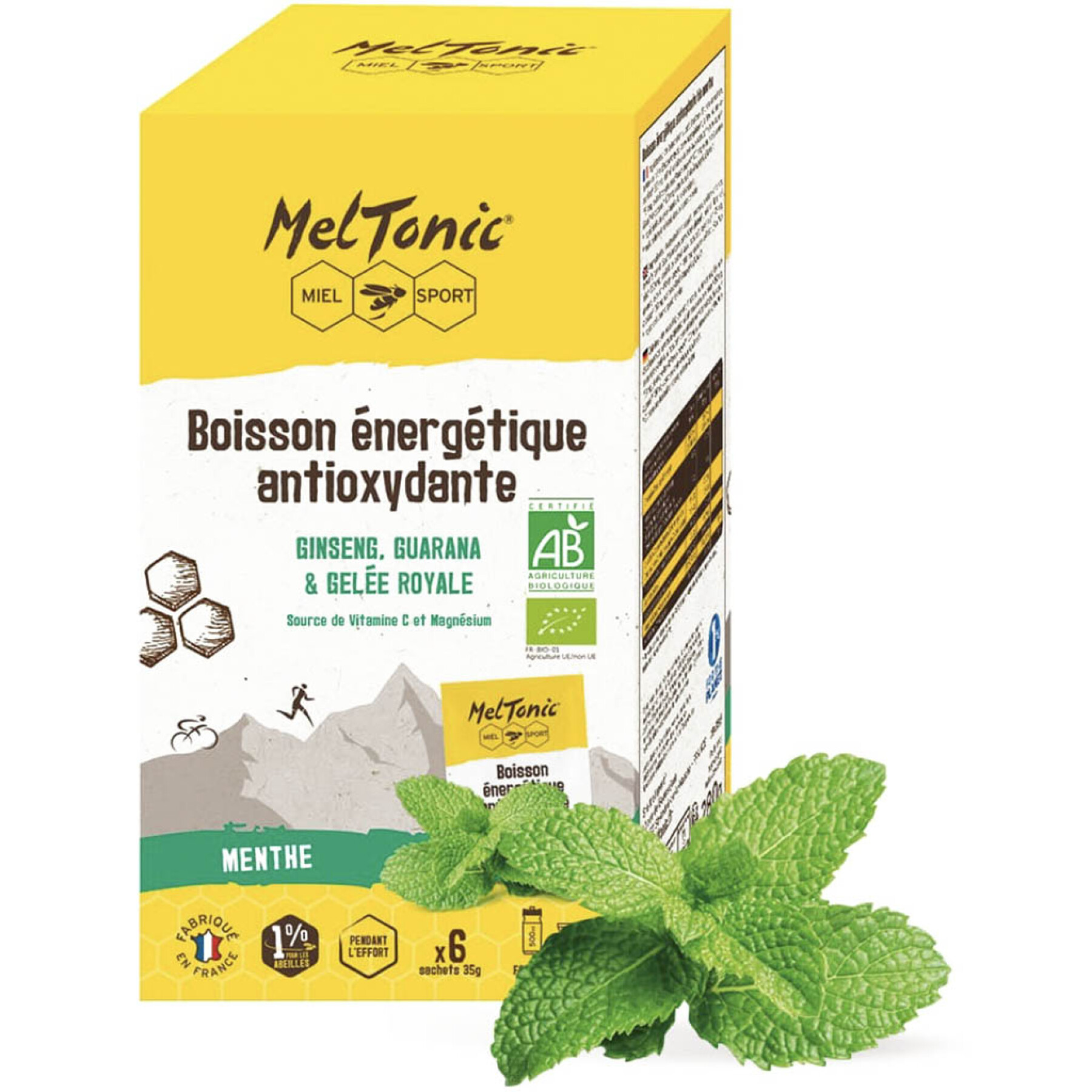 Box of 6 bags of organic antioxidant energy drink mint Meltonic 35 g